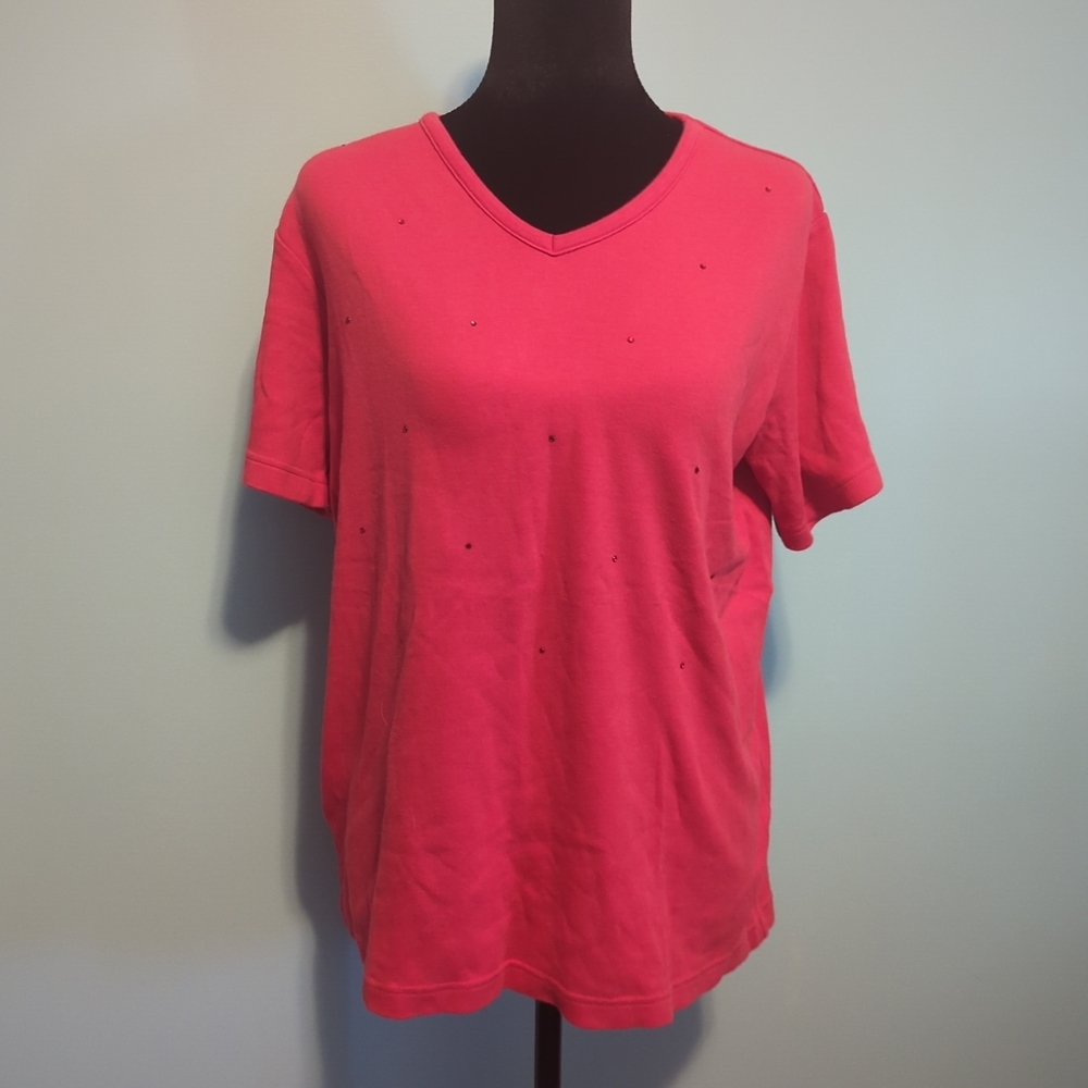 Quacker Factory Hot Pink Short Sleeve V-Neck Tee with Subtle Studs